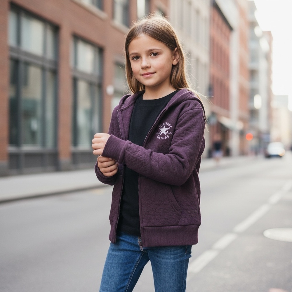 Converse Girls' Quilted Zip Hoodie in Grey - Picture 1 of 5